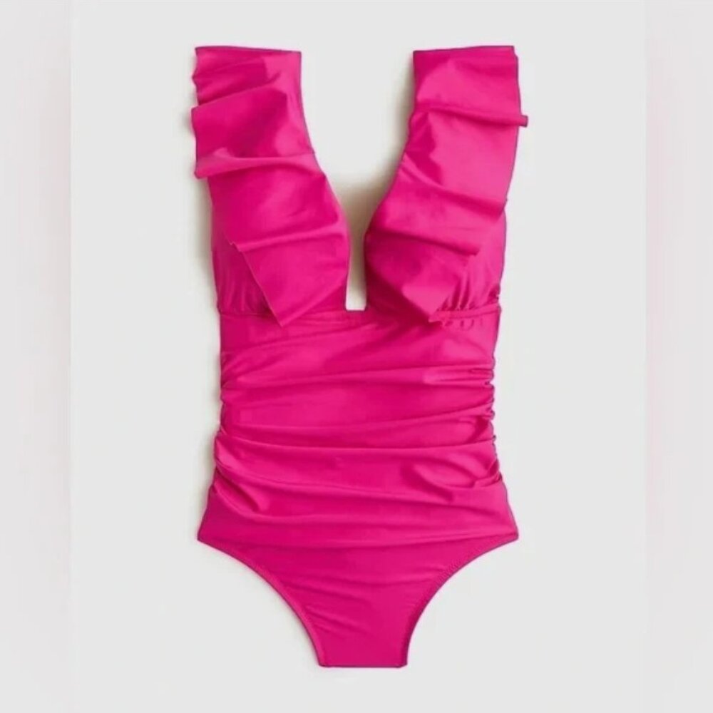 J. Crew Swimsuit Womens 6 Fuchsia Pink Ruched Ruffle V-Neck One Piece Beach Vaca